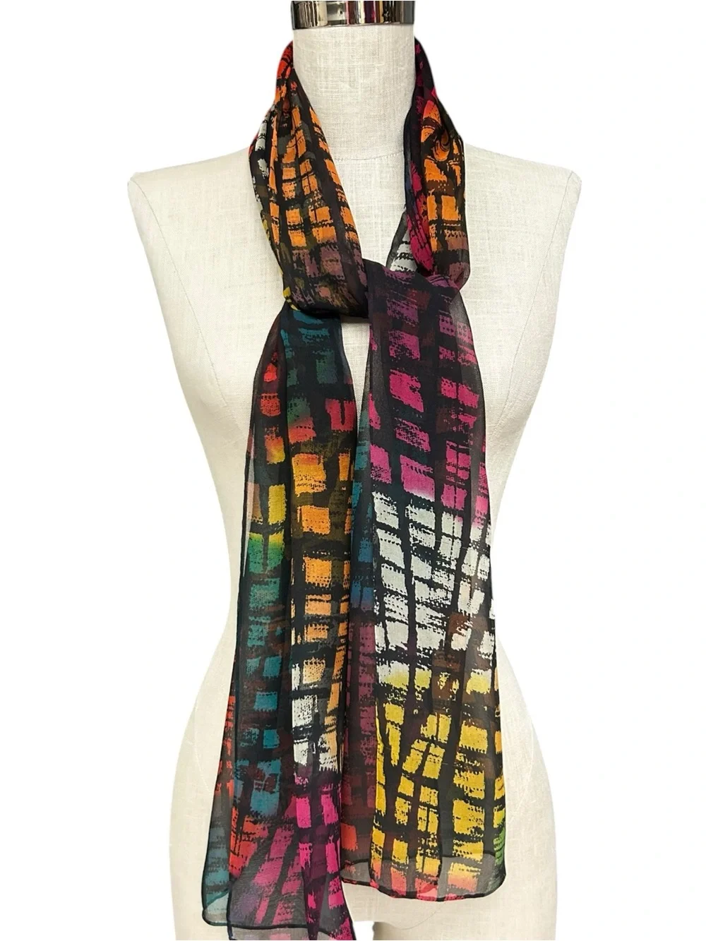 Abstract Multicolor Sheer Scarf Long Oblong Wrap Rainbow Colors